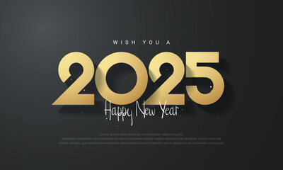 Happy new year 2025 design with golden number on dark black background.