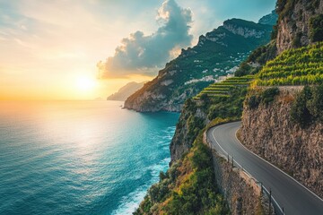 A coastal drive along the Amalfi Coast, with a convertible winding along the cliffside road