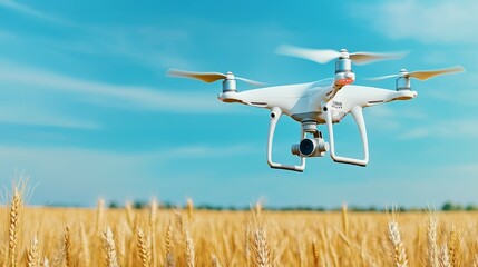 Drone in Wheat Field with Clear Blue Sky