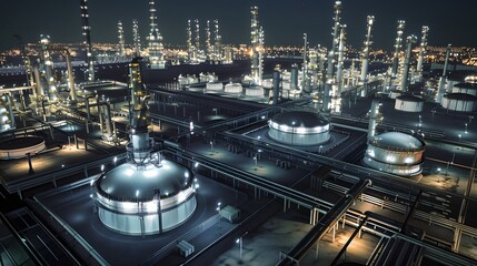 Illustrate a futuristic oil refinery where Distributed Control Systems manage multiple processes, ensuring seamless coordination and operational safety