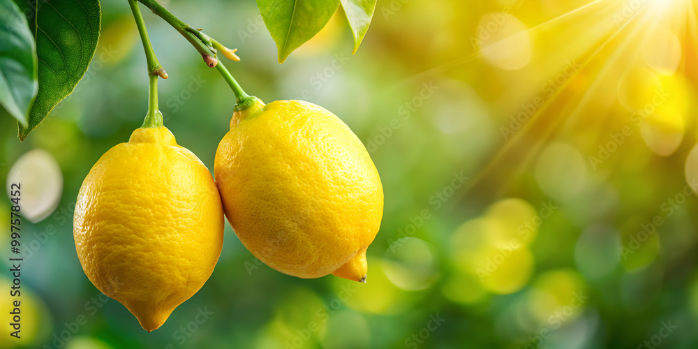 Wall mural two fresh lemons hanging from a vibrant lemon tree branch , ripe, lemons, lemon tree, fresh, citrus,