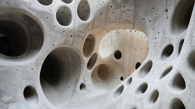 Pushing through enzyme bonded concrete with holes and organic shapes like Swiss cheese.