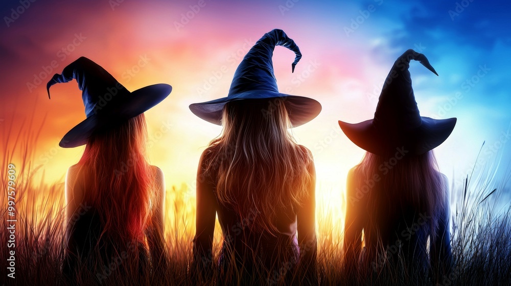 Poster three witches are sitting in a field with the sun setting behind them