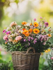 A beautifully arranged wicker basket filled with colorful seasonal flowers enhances the natural beauty of the outdoor setting. Generative AI