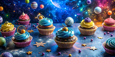 Galaxy themed party with space sweets, cupcakes, and glittery decor , Galaxy, space, sweets, party, events, background