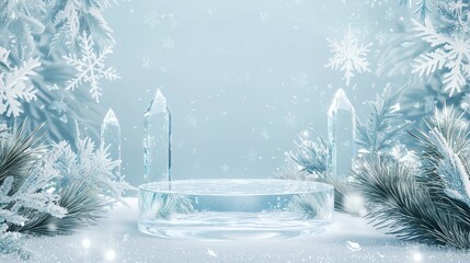 Icy 3D Crystal Podium in a Winter Wonderland Setting