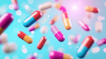 Colorful Pills and Capsules Falling Against Bright Background