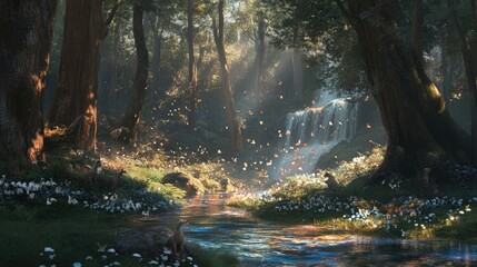 Serene forest landscape with sunlight filtering through trees