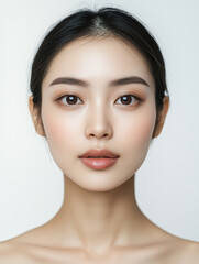 Obraz premium Portrait of a young Asian woman with flawless skin and natural makeup, highlighting her serene beauty, soft brown eyes, and sleek black hair.