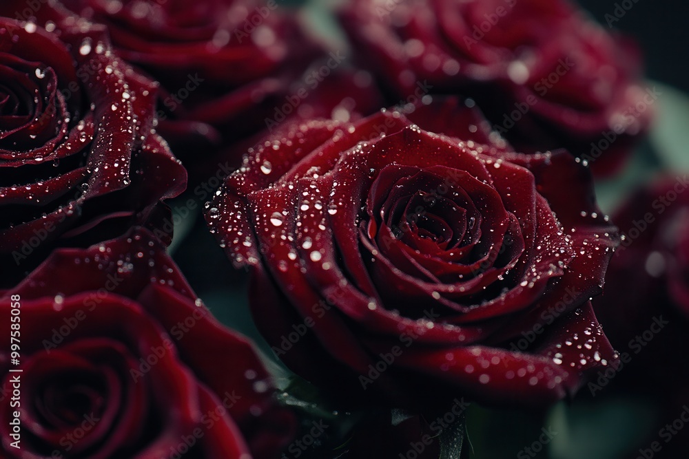 Poster fresh deep red roses adorned with glistening water droplets create an enchanting display of nature's