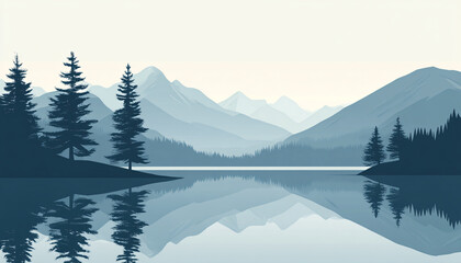 Naklejka premium Simplistic illustrations of trees, mountains, and lakes with clean lines and muted colors for a calm, understated look