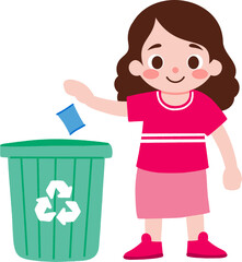 Illustration of a Girl Throwing Trash into Recycling Bin