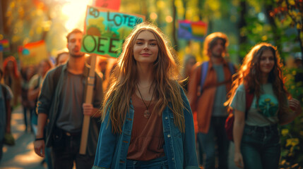 Obraz premium Peaceful Protest Scene with Hippies Advocating for Love and Environment