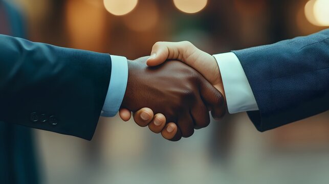 Close-up of two businessmen shaking hands in a formal setting.