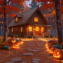 Obraz premium Autumnal Cabin Path Illuminated with Jack-o'-Lanterns