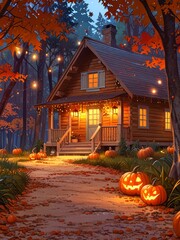 Obraz premium Autumnal Cabin Path Illuminated with Jack-o'-Lanterns