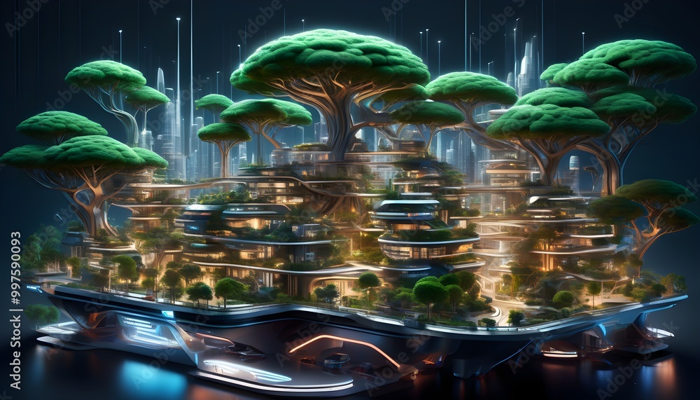 Wall mural Futuristic city immersed in a lush ecological tree landscape