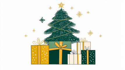 Minimalist Wrapped Presents Stacked Under a Christmas Tree, Illustrated with Bold Lines and a Cheerful Green and Gold Color Scheme, Perfect for Modern Holiday Decor and Greeting Cards