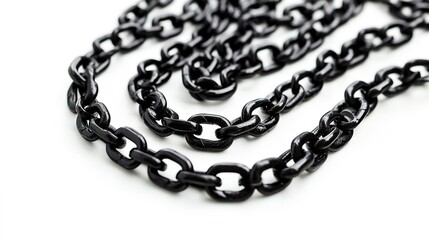 Obraz premium Numerous Chains Laid Out on a Clean White Background, Highlighting Texture and Metallic Shine for Industrial and Decorative Use