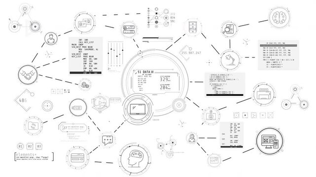 Monochrome animated infographic schema about AI-powered business.