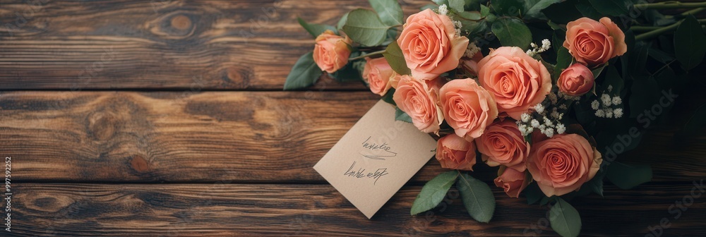Aufkleber Delicate roses in soft hues are elegantly arranged with a handwritten note placed on a rustic wooden table, adding charm and warmth. Generative AI