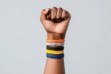 Raised fist wearing multicolored braided bracelets symbolizes unity and empowerment.