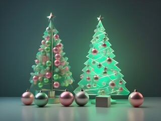 abstract light pastel glow neon artistic image of still life new years christmas tree balls small decorated christmas tree, green tones