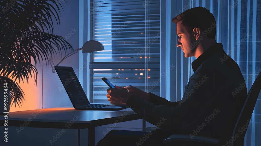 Poster man using a smartphone at a desk in a dark room