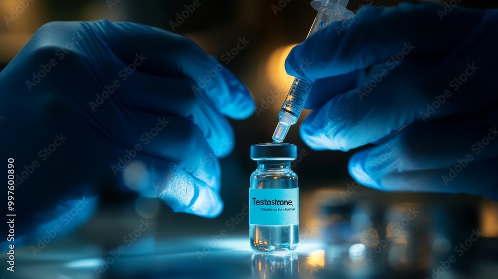 Poster A gloved hand holds a syringe and prepares to inject a small, clear glass vial labeled testosterone. The vial is sitting on a reflective surface.