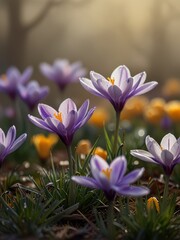 Fototapeta premium Purple Crocuses Blooming in a Field of Green