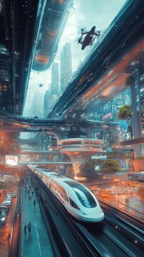 A massive transportation hub of the future, with hyperloop trains