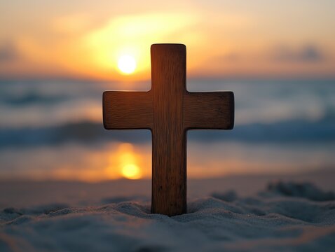 Cruz fincada na areia, silhueta contra o p&ocirc;r do sol. A imagem evoca reflex&atilde;o, espiritualidade e a busca por significado em momentos de transi&ccedil;&atilde;o