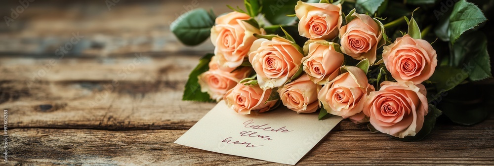 Poster a beautiful bouquet of pink roses rests on a rustic wooden table, accompanied by a small handwritten