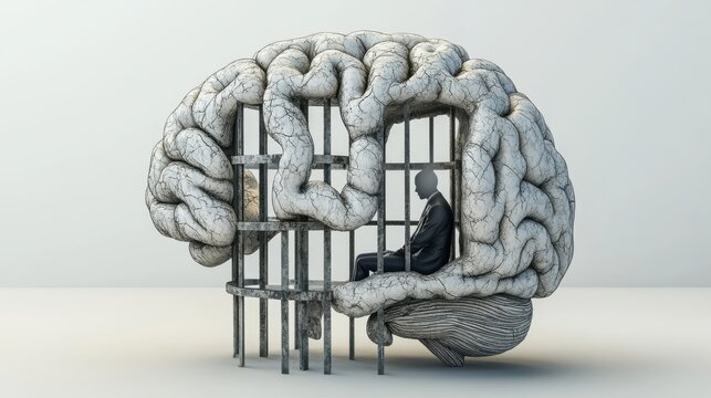a person sits alone in a cell shaped like a brain. mental health, isolation, and the struggles of the human mind.