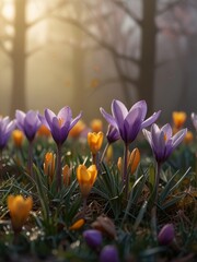 Purple Crocuses Blooming in a Field of Green