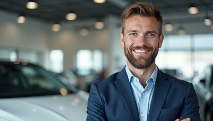 A man in a suit and tie is smiling and posing in front of a white car