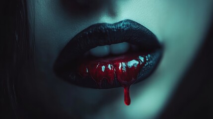 Obraz premium Sexy Vampire Woman lips with blood,Dripping blood on mouth, witches or beast creatures,female lips with fangs,horror holiday monsters,Vampire makeup Fashion Art design,Halloween banner background.