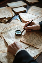 Professional genealogist analyzing old family documents, magnifying glass, historical records, focused research