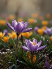 Fototapeta premium Purple Crocuses Blooming in a Field of Green