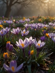 Purple Crocuses Blooming in a Field of Green