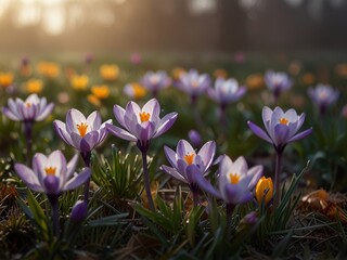 Purple Crocuses Blooming in a Field of Green