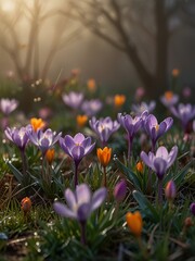 Purple Crocuses Blooming in a Field of Green