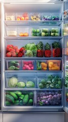 Plastic containers with different fruits and vegetables in a open fridge. frozen food storage,avocado and carrot,woman's hand take a plastic container with salad vegetable,food storage in fridge.