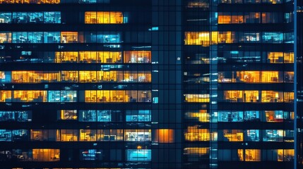 Office buildings in night,The glass facades of a modern skyscrapers at night,architectural,Fragment of the glass facade of a corporate building,business district,Concept of economics, financial.