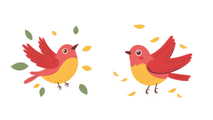 A Pair of Cute Red Robin Bird Animal with Leaves in the Park