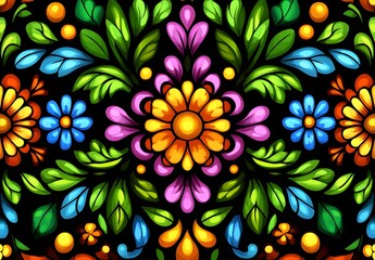 Colorful Floral Pattern on Black Background