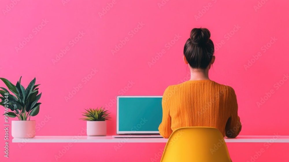 Poster woman working on computer with colorful background
