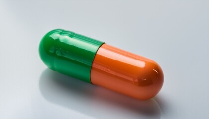 A glossy green and orange capsule, positioned diagonally on a white background with subtle r 