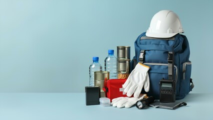 水色の背景に防災グッズ。防災アイテムセット。コピースペース｜Disaster prevention items on light blue background. Disaster prevention items set. Copy space.