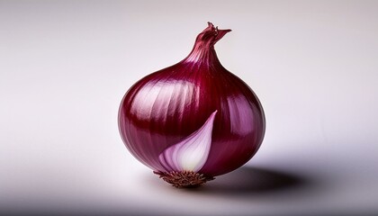 A single red onion with its papery skin intact, centered on a white background, softly lit t